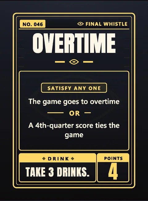 Final Whistle card number 046, Overtime — the game goes to overtime, or a fourth-quarter score ties the game. Worth 4 points.