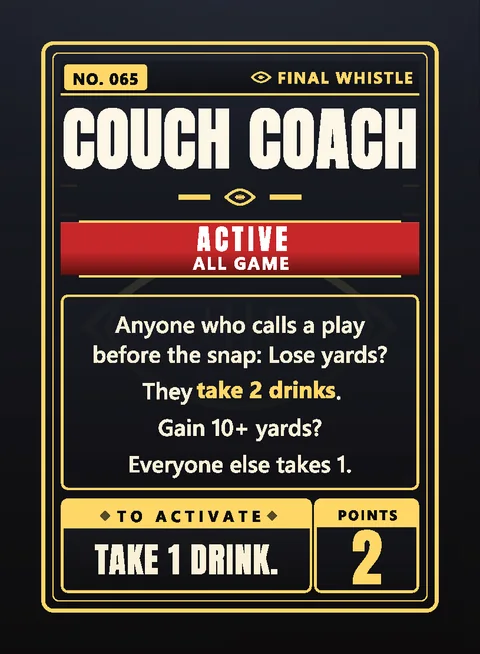 Final Whistle card number 065, Couch Coach — an Active card that stays in play all game. Worth 2 points.