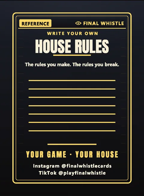 A House Rules card with blank gold lines to write your own rules. Your game, your house.